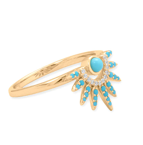 Sun Spike Ring wtih Synthetic Turquoise and Cubic Zirconia 14k Gold-Filled