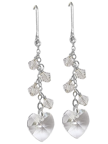 Sparkling Clear Crystal Heart Cluster Dangle Earrings Sterling Silver