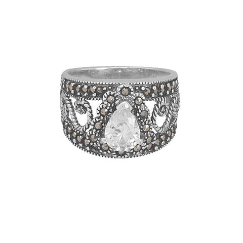 Vintage Style Filigree Marcasite Teardrop CZ Ring Sterling Silver