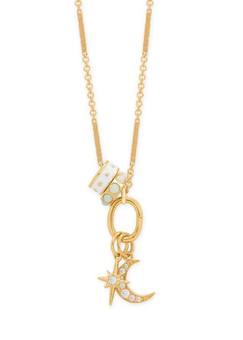 14k Gold-plated Silver Charm Necklace with Adapter and Charms Opal Wheel Bead, Moon and Stars