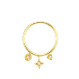 14k Yellow Gold Dangle Charm Ring with Diamonds in Triangle Circle North Star Shapes, 6