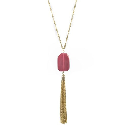 Tassel Necklace with Fuschia Synthetic Opal and Twist Chain Gold Plated Extra Long Length