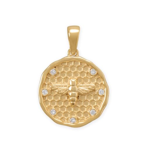 Honeycomb and Bee Pendant with Cubic Zirconia 14k Gold-plated Sterling Silver