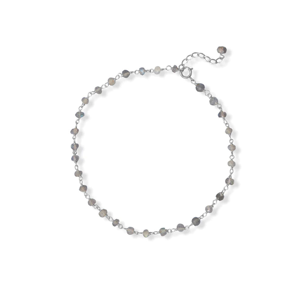 Genuine Labradorite Bead Anklet Sterling Silver Adjustable Length