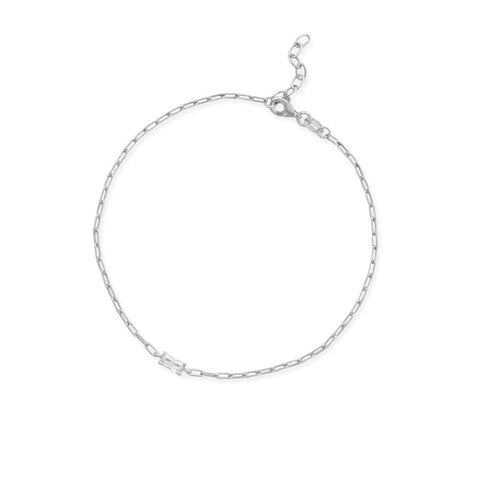 Sterling Silver Paperclip Chain Anklet with Baguette Cubic Zirconia Adjustable Length, 11