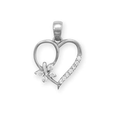 Heart and Butterfly Pendant Rhodium-plated Sterling Silver - Nontarnish