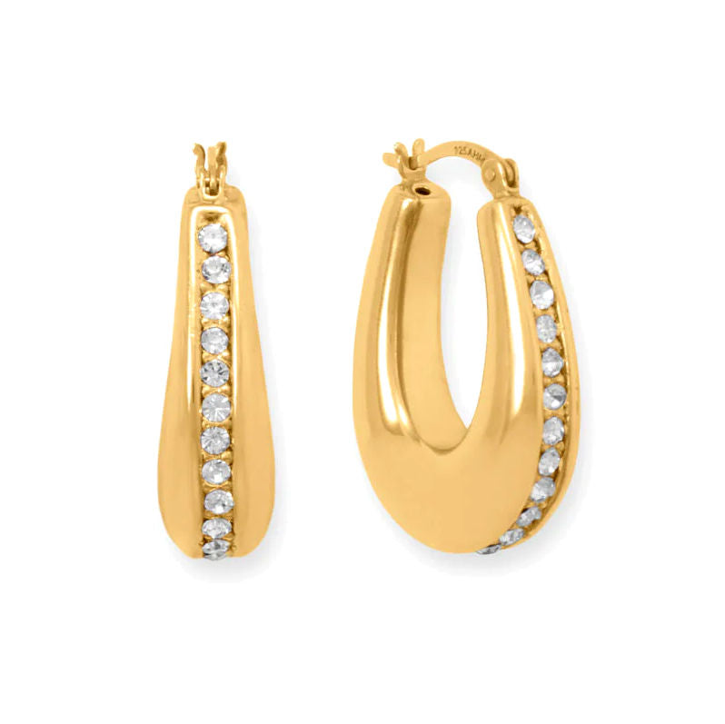 Puffed Hoop Earrings with Sparkling Line of Cubic Zirconia Stones 14k Gold-plated Sterling Silver