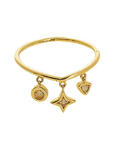 14k Yellow Gold Triple Dangle Charm Ring with Diamonds and Various Shapes