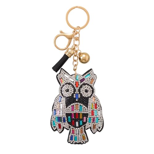 Colorful Owl Bag Charm Keychain with Crystals, Tassel, and Ball