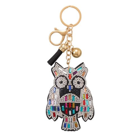 Colorful Owl Bag Charm Keychain with Crystals, Tassel, and Ball