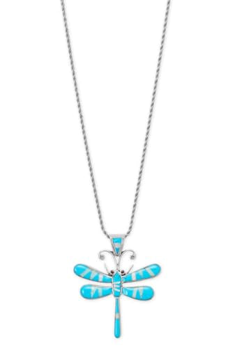 Handmade Sterling Silver Dragonfly Necklace with Reconstituted Turquoise and Synthetic Opal Inlay on Rope Chain