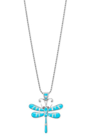 Handmade Sterling Silver Dragonfly Necklace with Reconstituted Turquoise and Synthetic Opal Inlay on Rope Chain