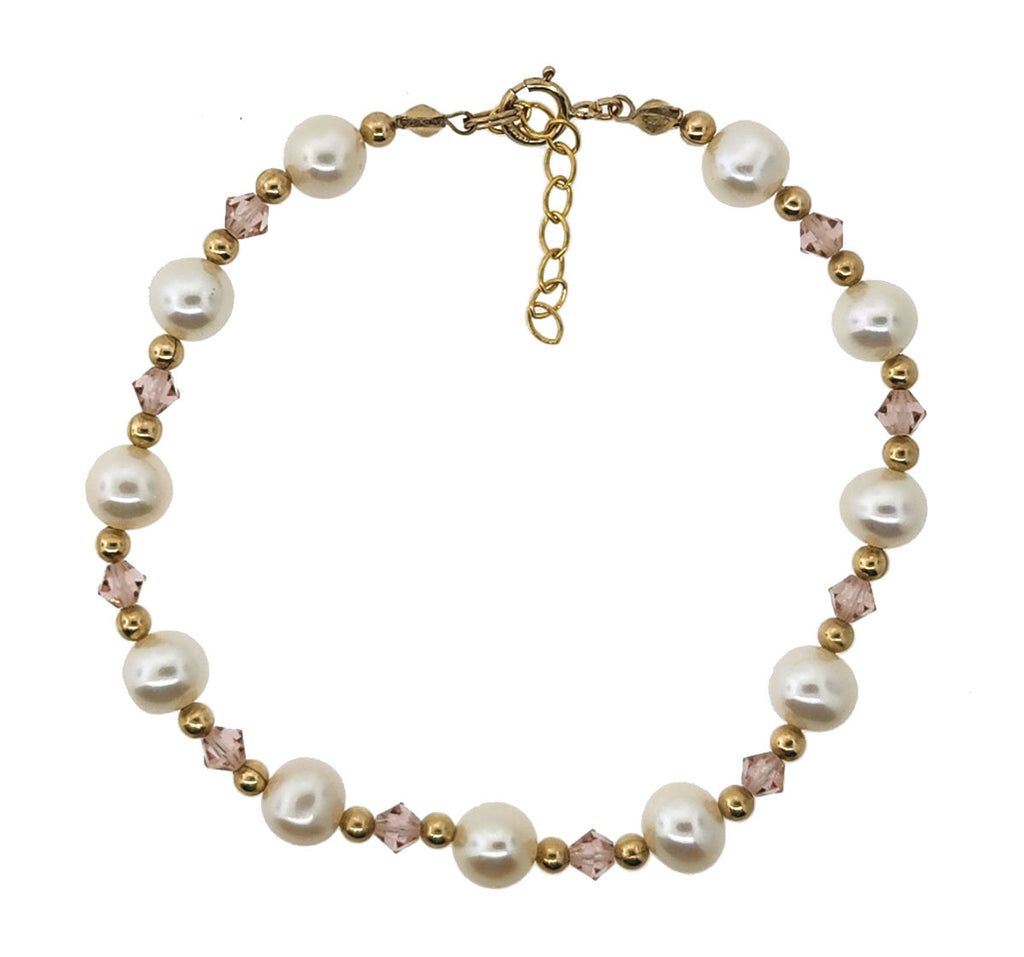 White Lotus(TM) Cultured Freshwater Pearl Bracelet with Rose Crystals 14k Gold-filled