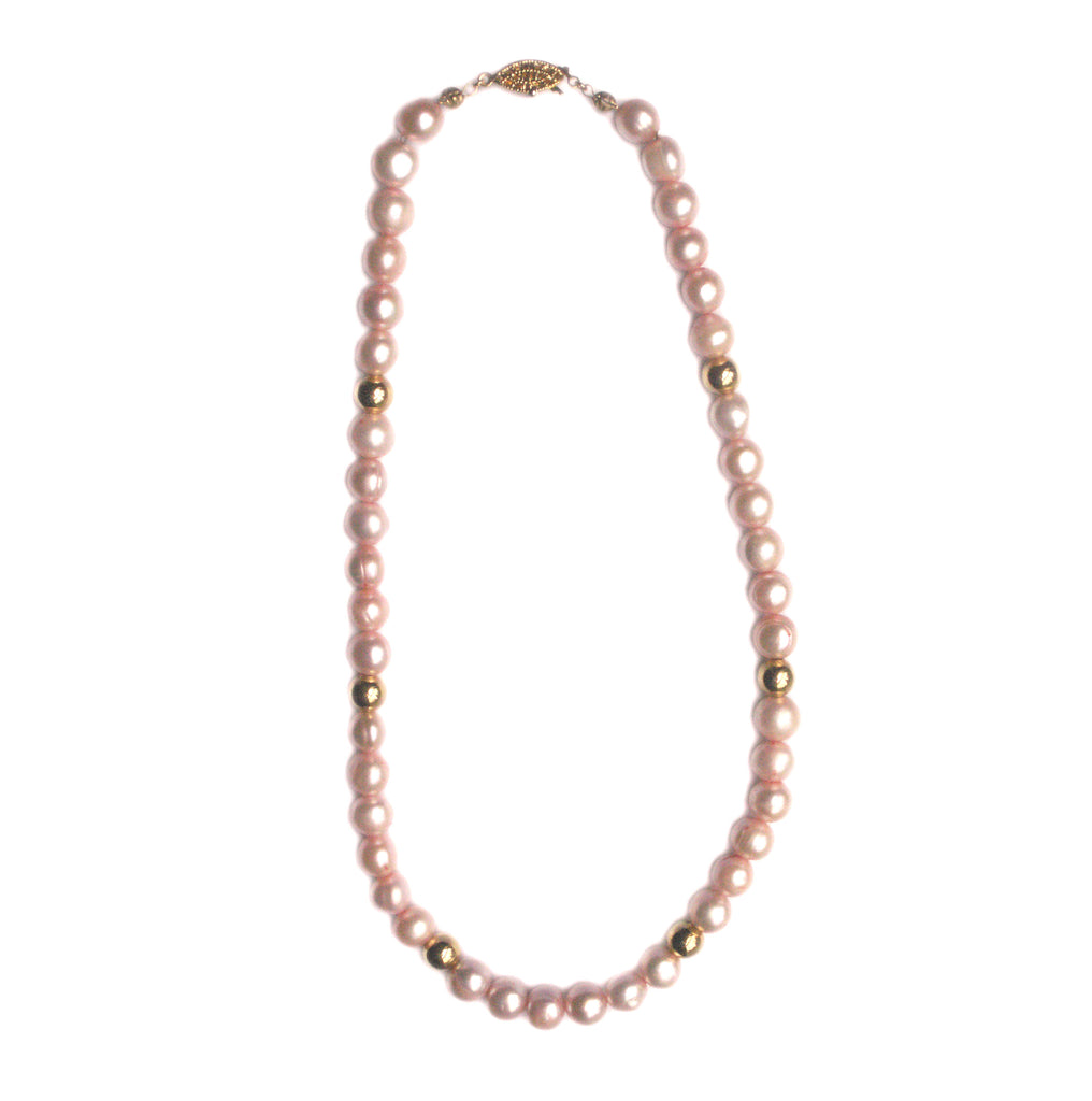 9mm Pink Cultured Freshwater Pearl Necklace Gold-plated Beads - 16 inches