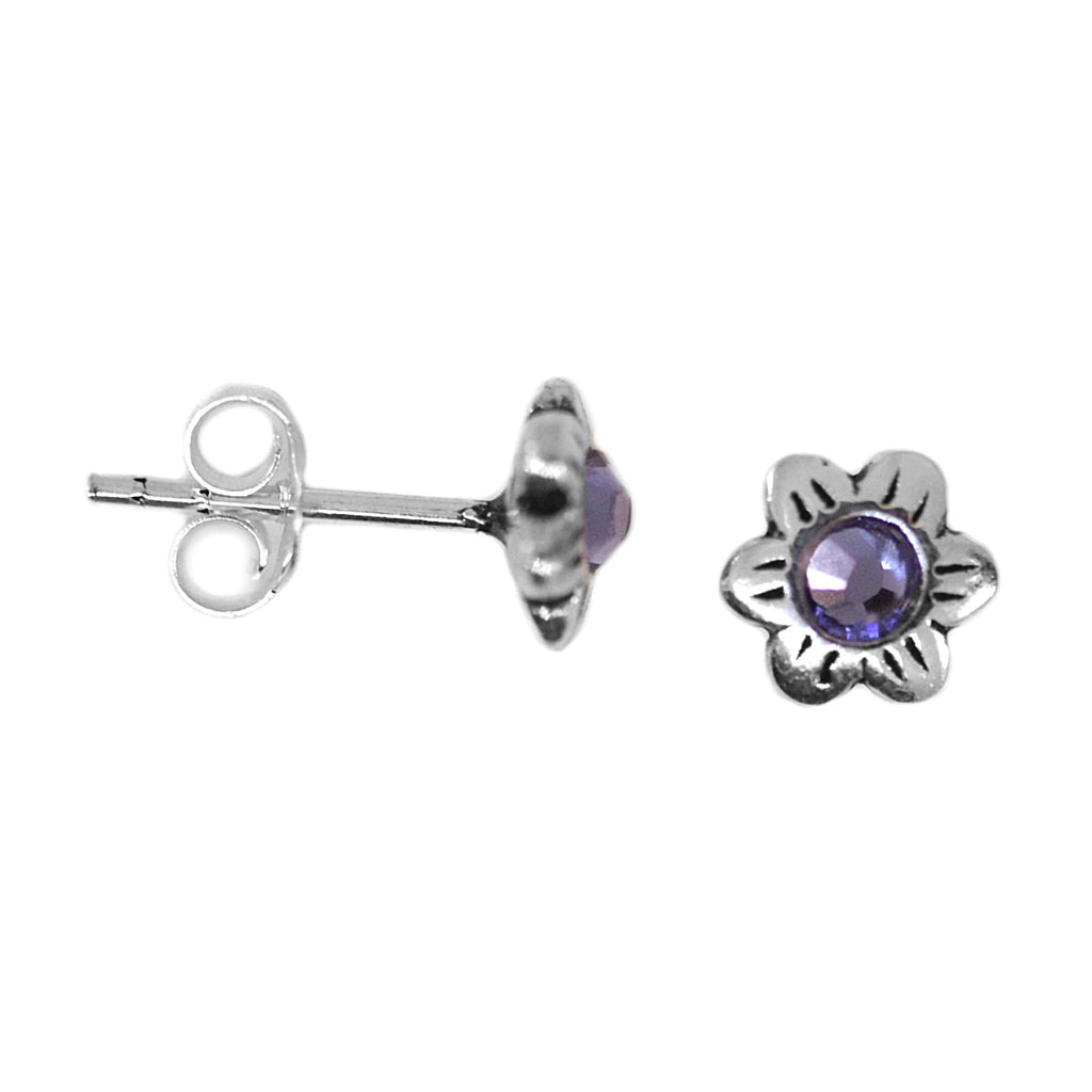 Flower Post Stud Earrings with Crystal Purple Sterling Silver