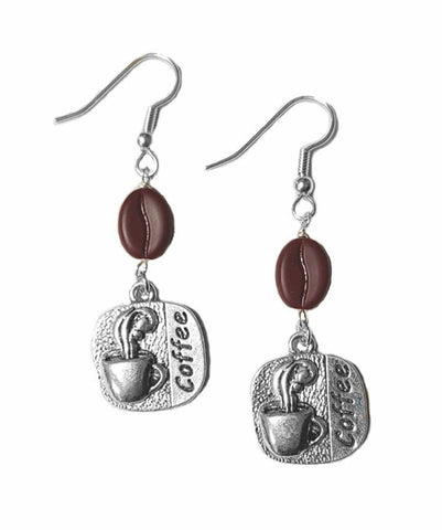 Coffee Earrings Expresso Bean and Cup Drop Fine Silver Plate