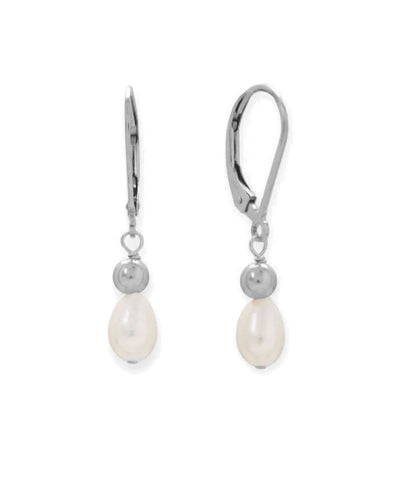 Sterling Silver Leverback Cultured Freshwater Pearl and Ball Dangle Earrings