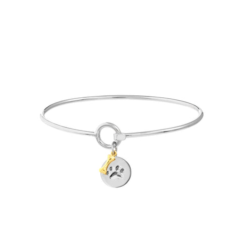 Bangle Bracelet with Engraved Paw Print Tag and 14k Gold Bone Charm Sterling Silver