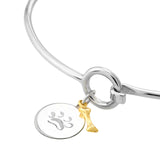 Bangle Bracelet with Engraved Paw Print Tag and 14k Gold Bone Charm Sterling Silver