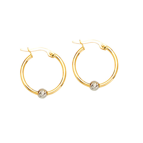 10k Yellow Gold Hoop Earrings with Diamond-cut White Gold Bead Accent