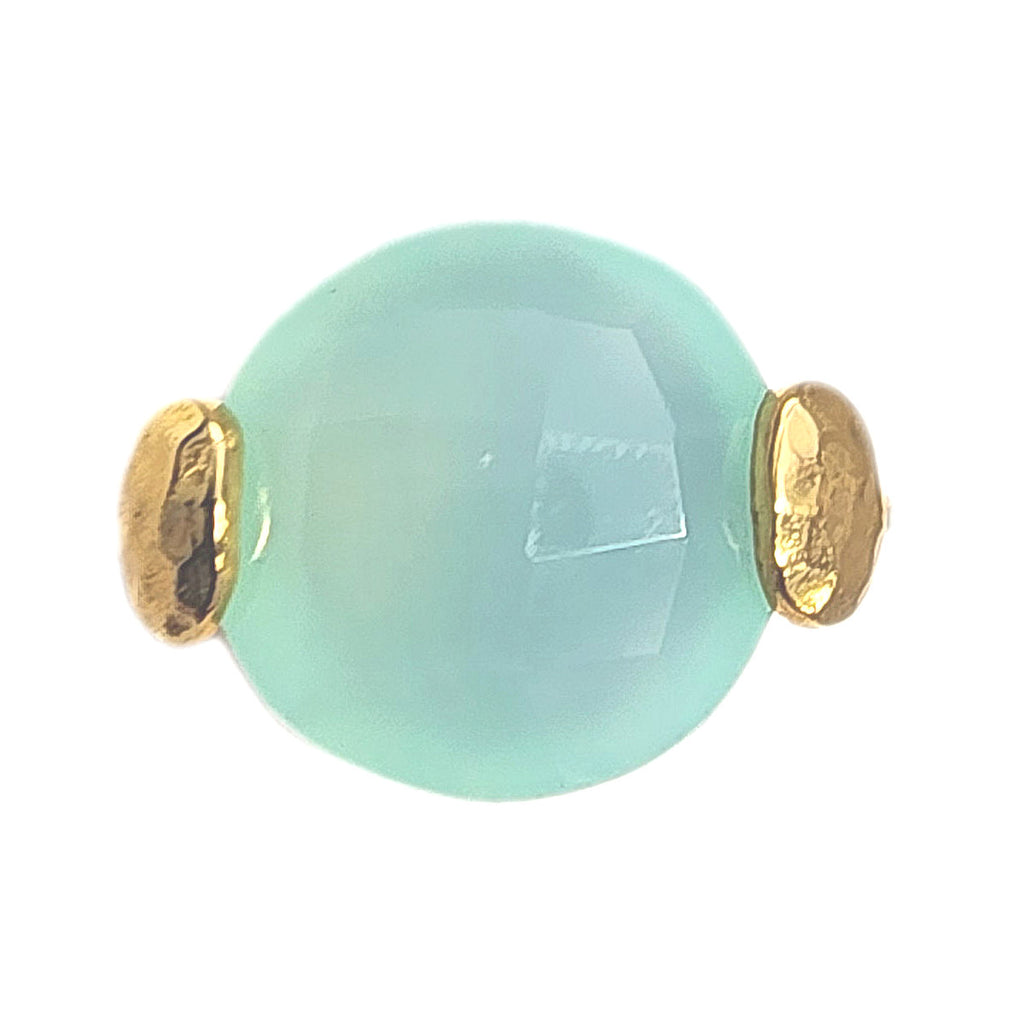 Green Chalcedony Ring Faceted Round Gold-plated Brass, Size 7