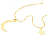 14k Yellow Gold Crescent Moon and Star Necklace Adjustable Length