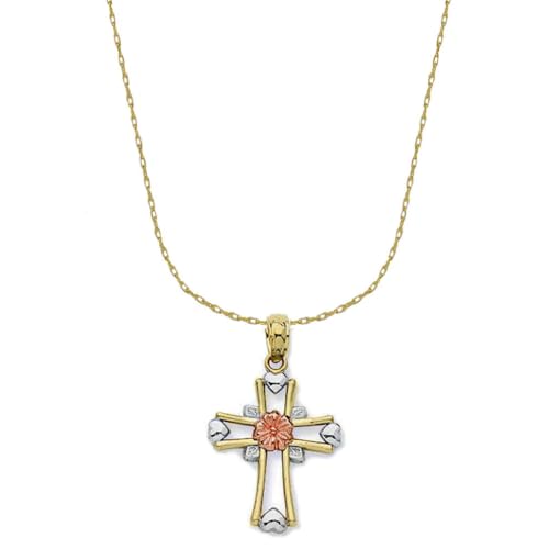 14k Three-tone Yellow, White, and Rose Gold Flower and Heart Cross Necklace with 18-inch Chain