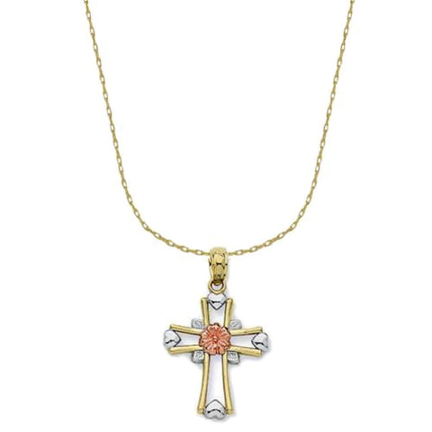 14k Three-tone Yellow, White, and Rose Gold Flower and Heart Cross Necklace with 18-inch Chain