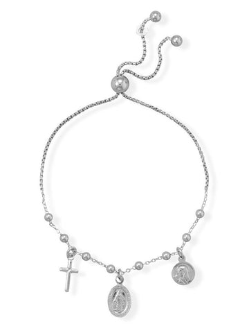 Christian Catholic Cross and Mary Charm Bolo Bracelet - Rhodium on Silver