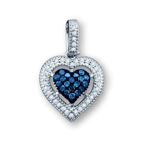 Clear and Blue Diamond Heart Pendant 10k White Gold - Genuine Diamonds
