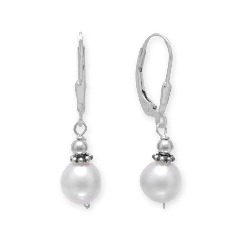 White Cultured Freshwater 8mm Pearl with Bali Bead Lever Earrings