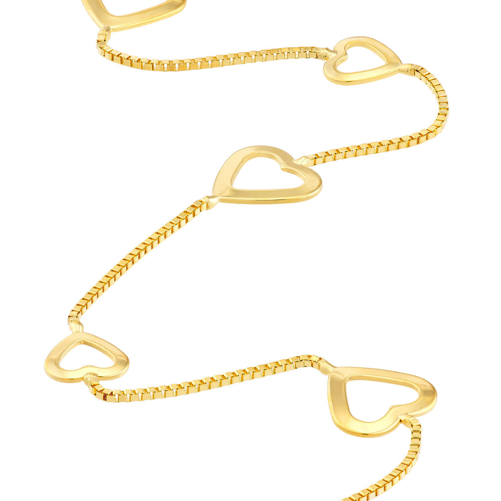 Box Chain Large and Small Heart Bracelet Station Style 14k Yellow Gold