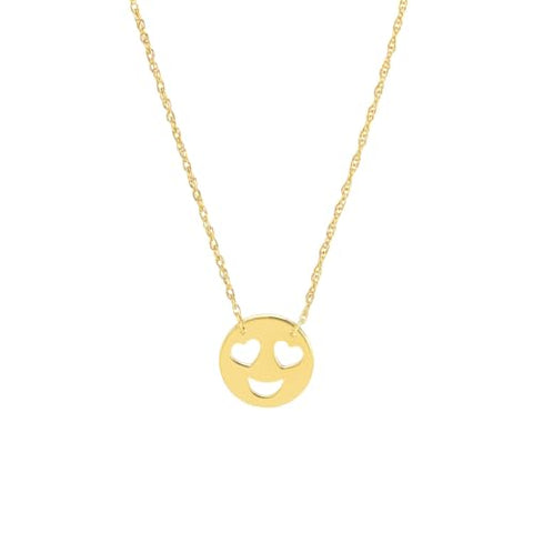 14k Yellow Gold Smiley Face Pendant Necklace with with Heart Eyes Emoji