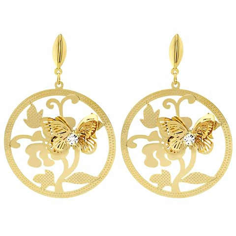 3D Butterfly Earrings with Cutout Flower Design and Crystal Yellow Gold Plated