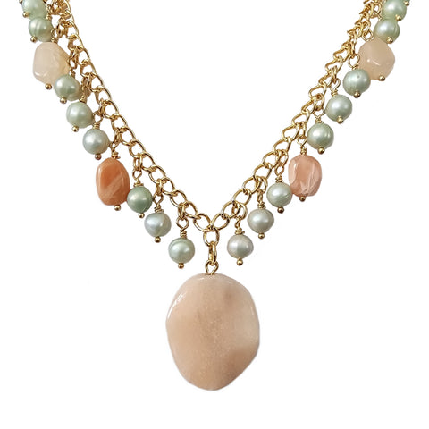 Choker Necklace with Peach Moonstone, Peach Aventurine Pendant and Dyed Green Cultured Freshwater Pearls Gold Tone