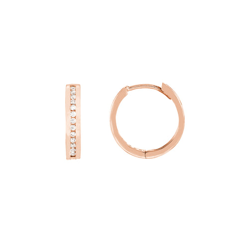 14k Rose Gold polished Huggie Hoop earrings 12mm with Cubic Zirconia