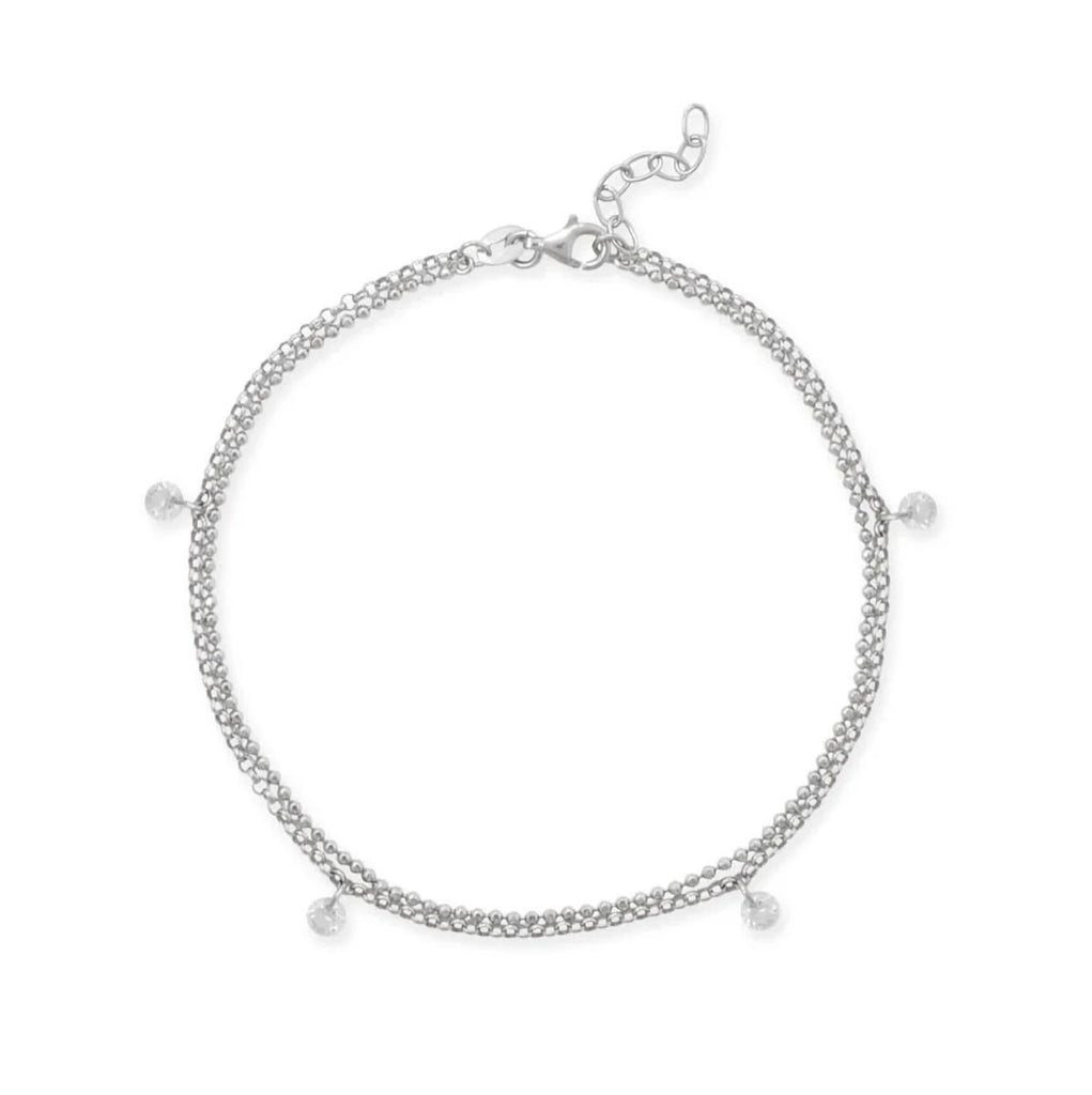 Sterling Silver Anklet Double Strand with Cubic Zirconia Charms, 11