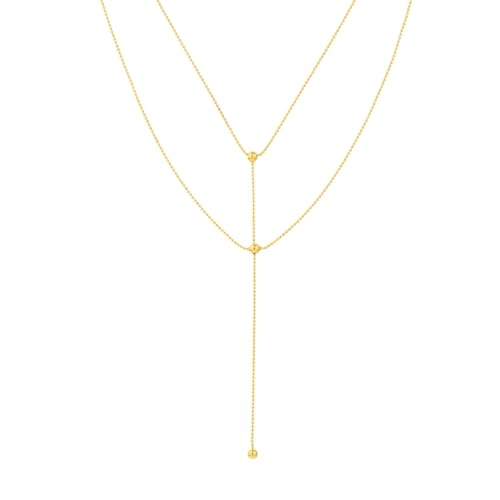 14k Yellow Gold Layered Y Necklace with Beads and Bead Drop Adjustable Length