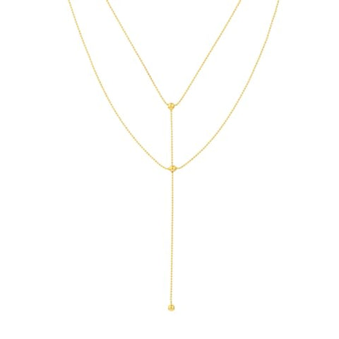 14k Yellow Gold Layered Y Necklace with Beads and Bead Drop Adjustable Length