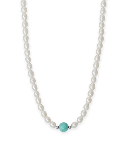 Cultured Freshwater Pearl Strand Necklace with Kingman Turquoise Bead - Handmade