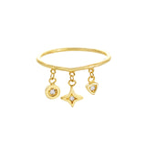 14k Yellow Gold Dangle Charm Ring with Diamonds in Triangle Circle North Star Shapes, 6