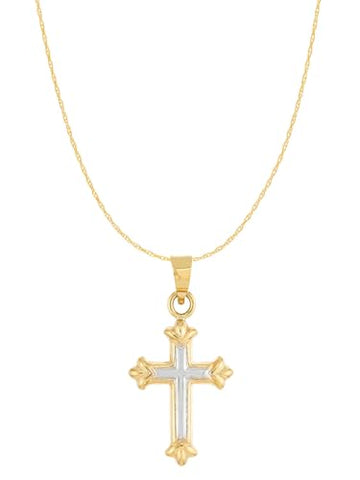 14k white and Yellow Two-Tone Gold Cross Necklace with Fleuree Design Reversible with 18-inch Chain