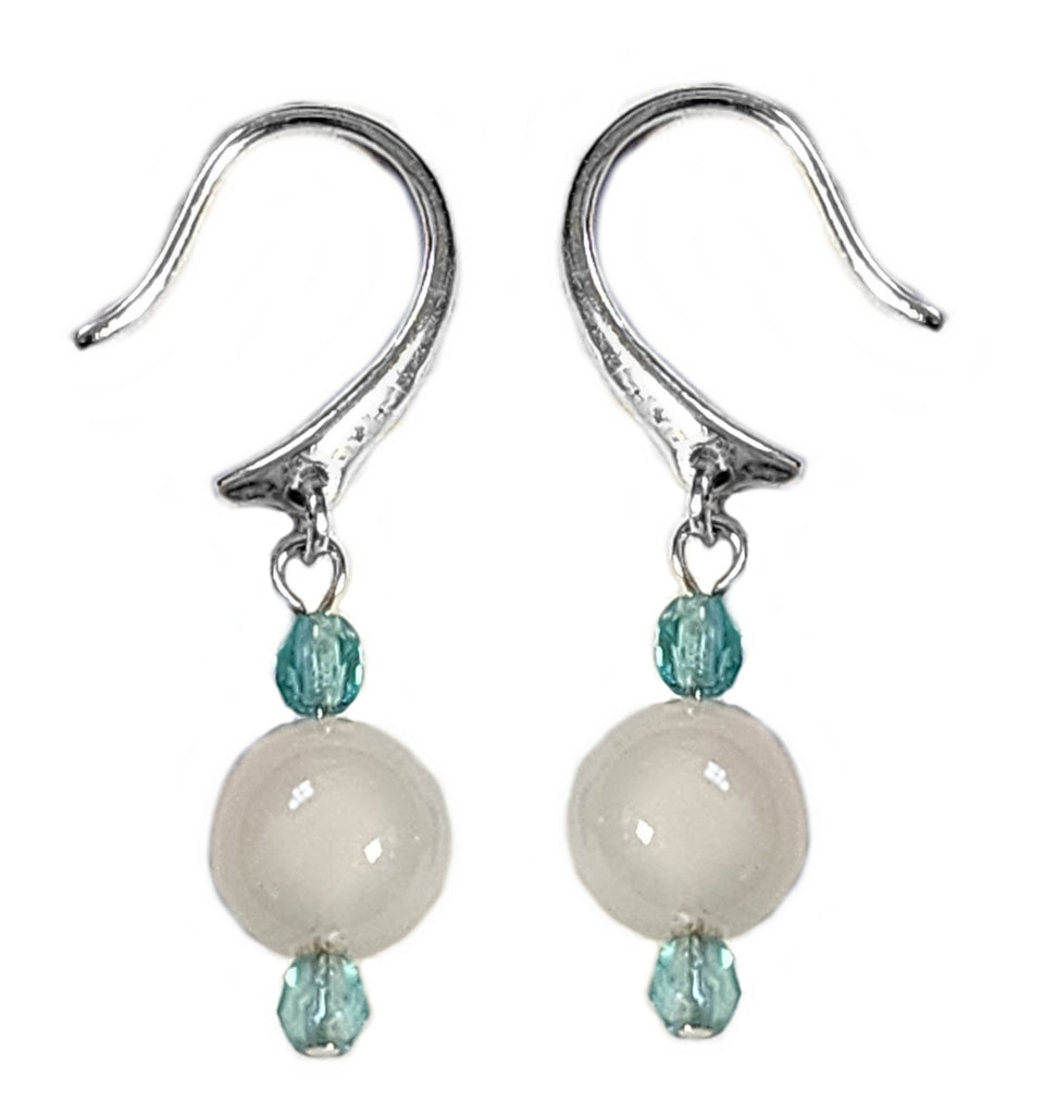 8mm White Agate and Aqua Blue Czech Bead Earrings Silver Plate Hook Ear Wire