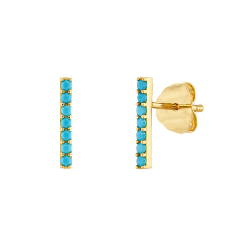 14k Yellow Gold Staple Bar Simulated Nano Turquoise Stud Earrings
