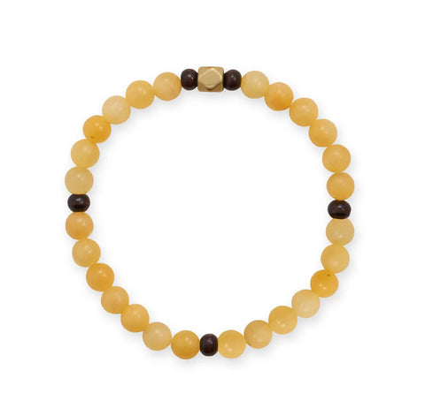 Yellow Quartz and Wood Bead Stretch Bracelet 7 inches