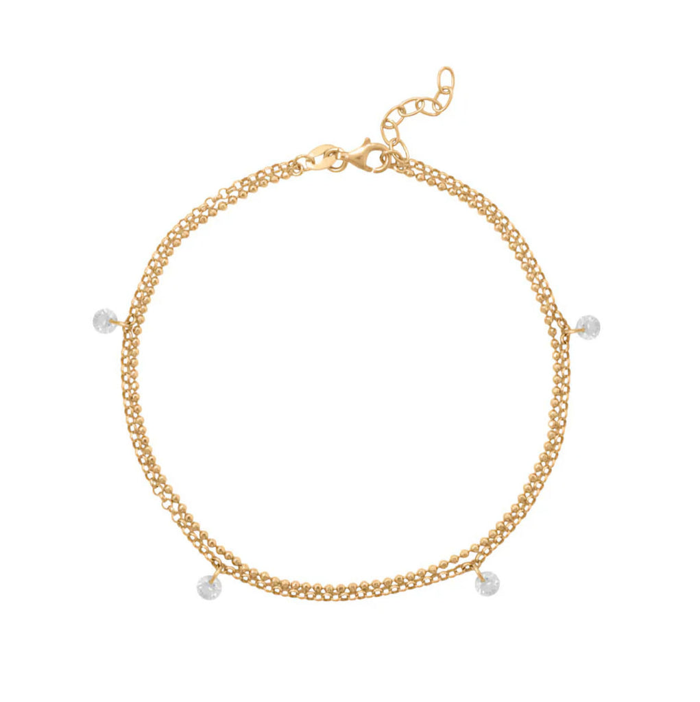 14k Gold-plated Anklet Double Strand with Cubic Zirconia Charms, 9