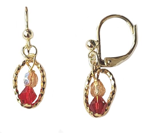 Pink and Red Crystal Earrings with Hammered Frame Yellow Gold Plated Leverback