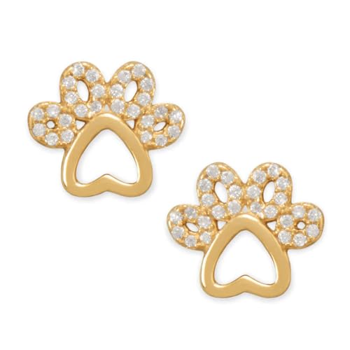 Paw Print Stud Earrings with Cut Out Heart 14K Gold-plated Silver and Cubic Zirconia