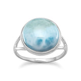 Genuine Larimar Ring Round Split Band Rhodium on Sterling Silver - Nontarnish