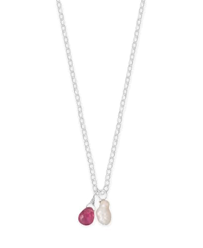 Pink Tourmaline and Cultured Freshwater Pearl Pendant Charm Necklace Sterling Silver